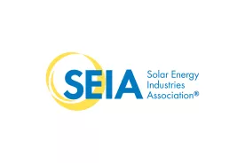 Yellow circular design behind large blue text reading SEIA, with smaller blue text to the right reading Solar Energy Industries Association